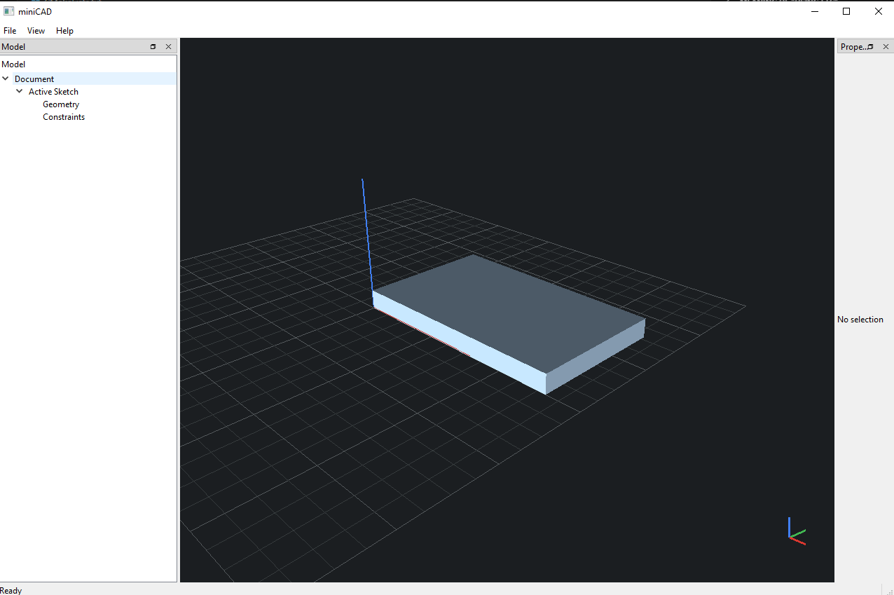 Early MiniCAD interface showing a rectangular solid, model tree, grid, and coordinate axes.