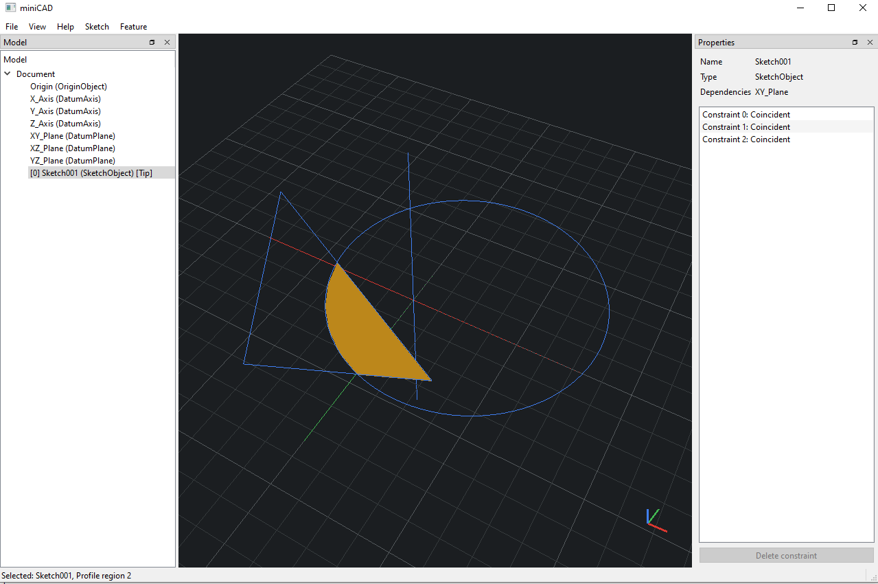 MiniCAD sketch with one enclosed profile region highlighted in amber.