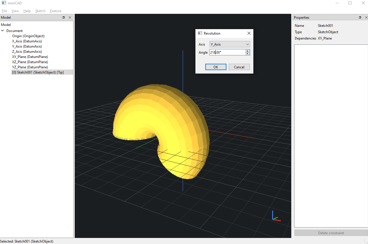 MiniCAD showing a partial revolved solid and an angle control dialog.