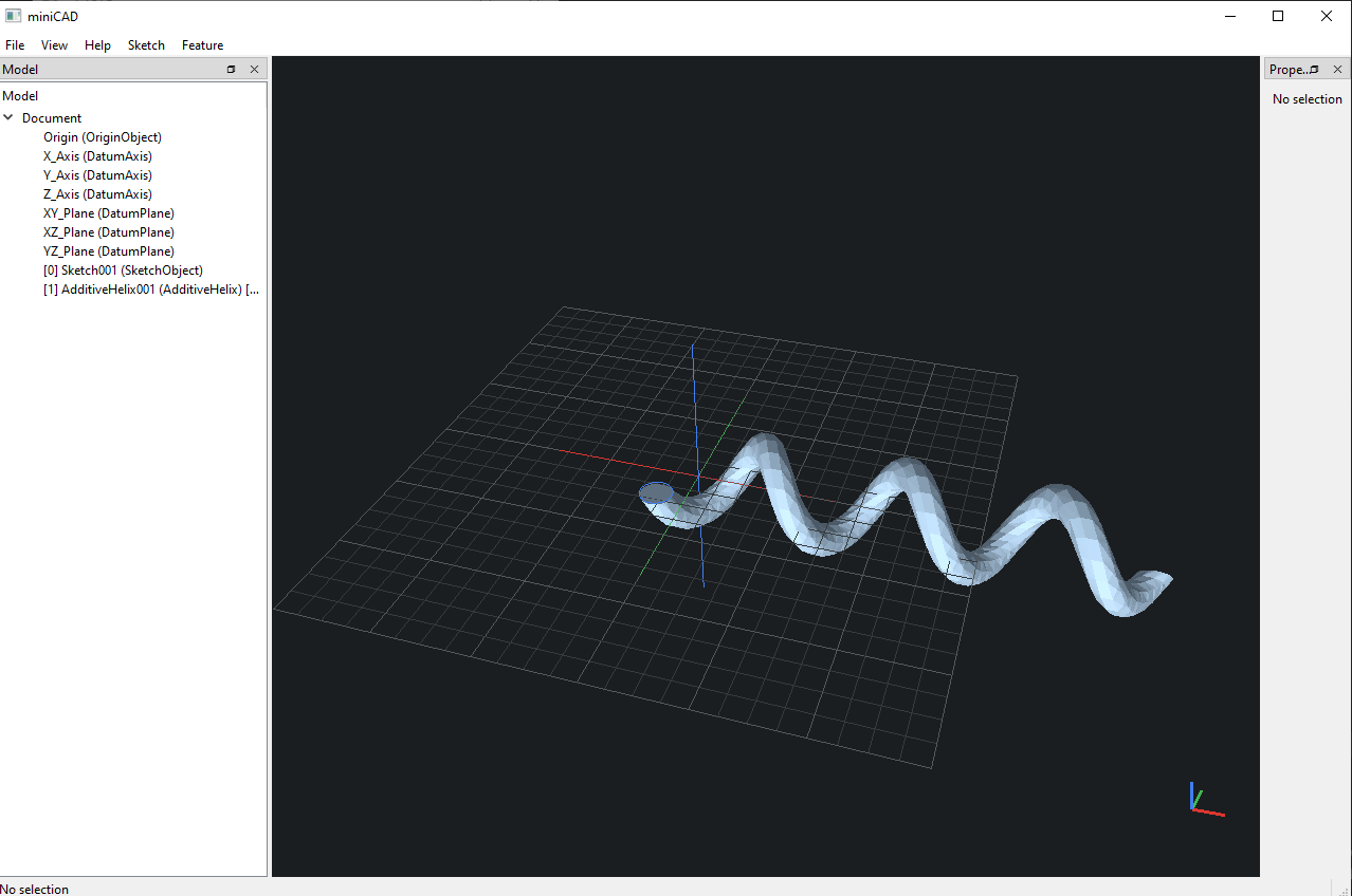 MiniCAD viewport showing a three-dimensional additive helix.