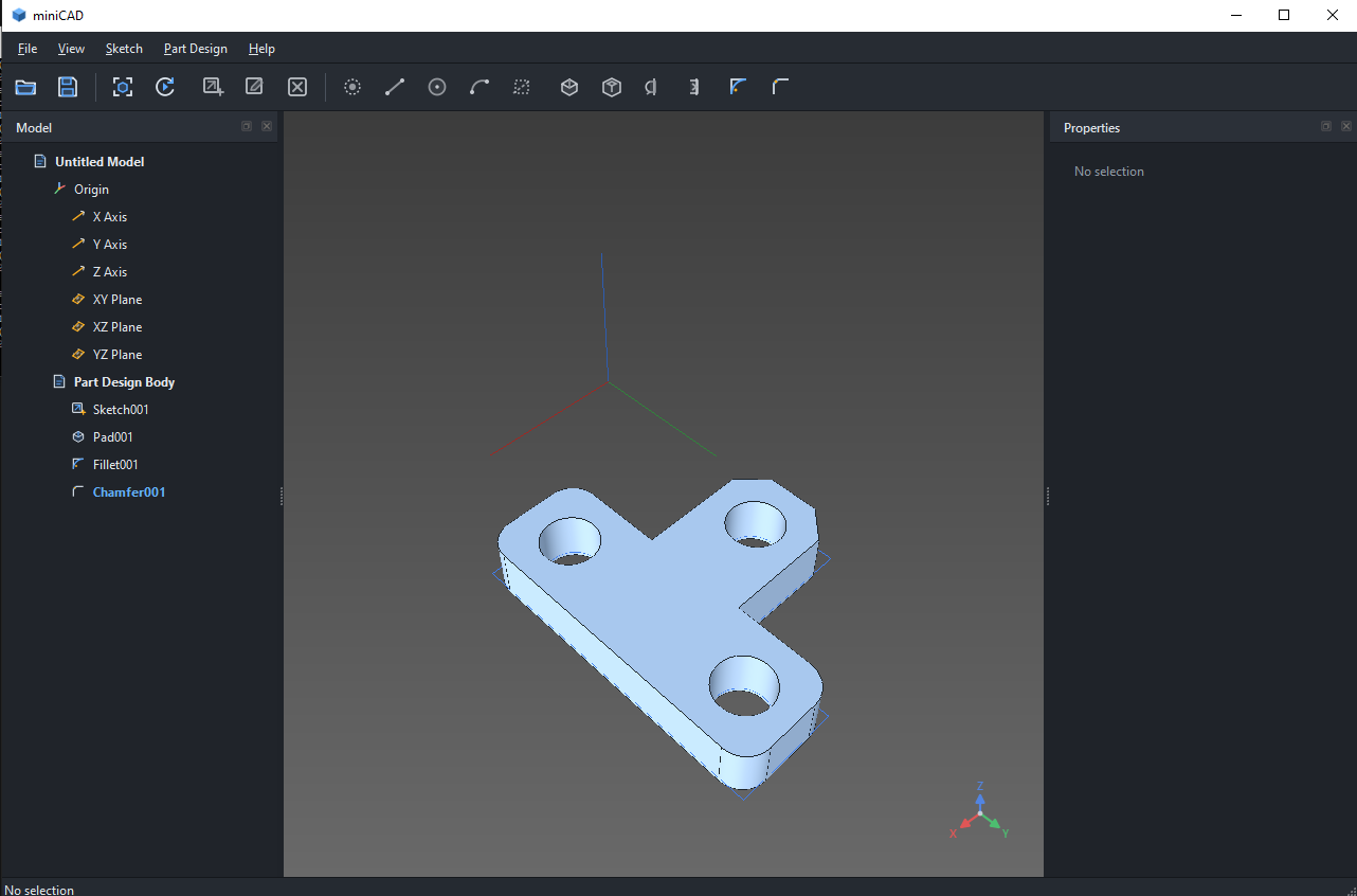 Refined MiniCAD interface showing a finished three-hole part with filleted and chamfered edges.